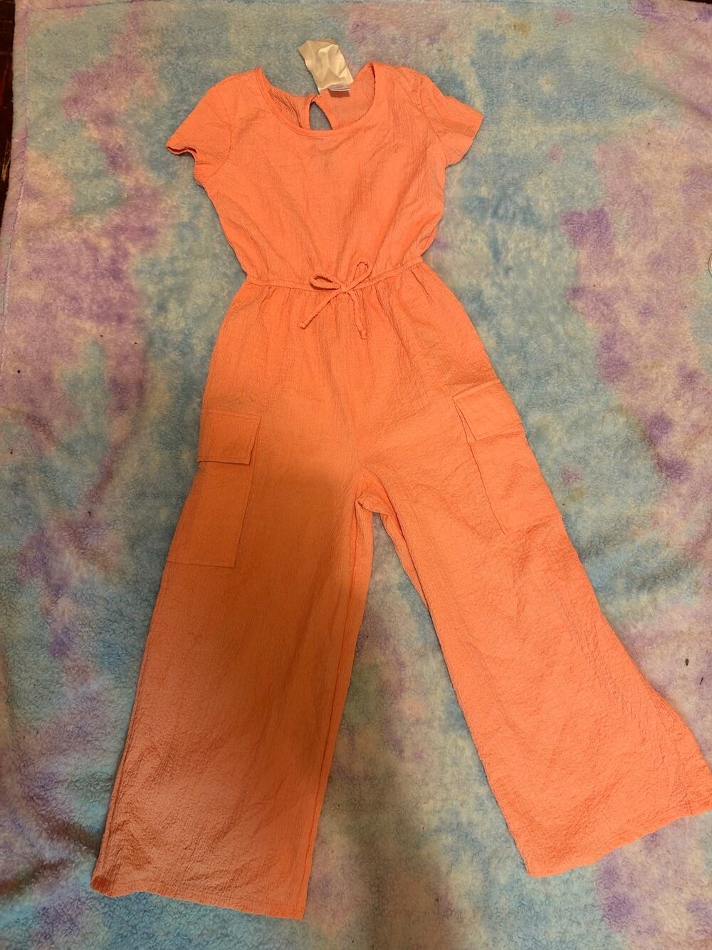 Jenna & Jessie Girls Coral Peach Textured Wide Leg Cargo Jumpsuit